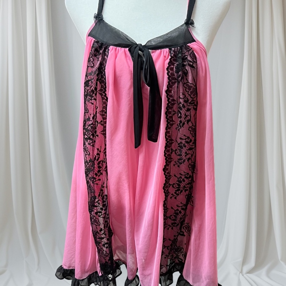 Vintage Betsy Johnson Pink and Black Baby Doll Slip Dress / Nightie Size L